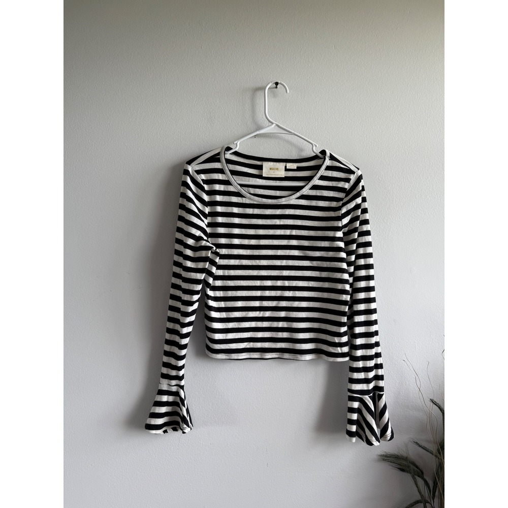 Maeve Anthropologie Black White Striped Ruffle Bell Cuff Long Sleeve Top Medium